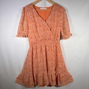Boho Cottage Dress Womens Medium Floral Puff Sleeve Sheer Overlay Flowy Lined